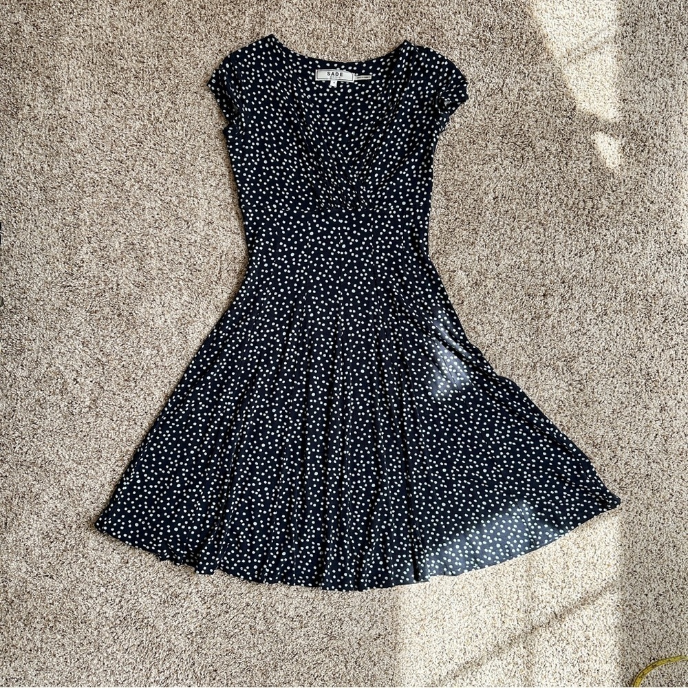 Sade New York Navy Blue Dress Polka Dot Fit Flare Stretch Comfy Casual - Picture 5 of 16